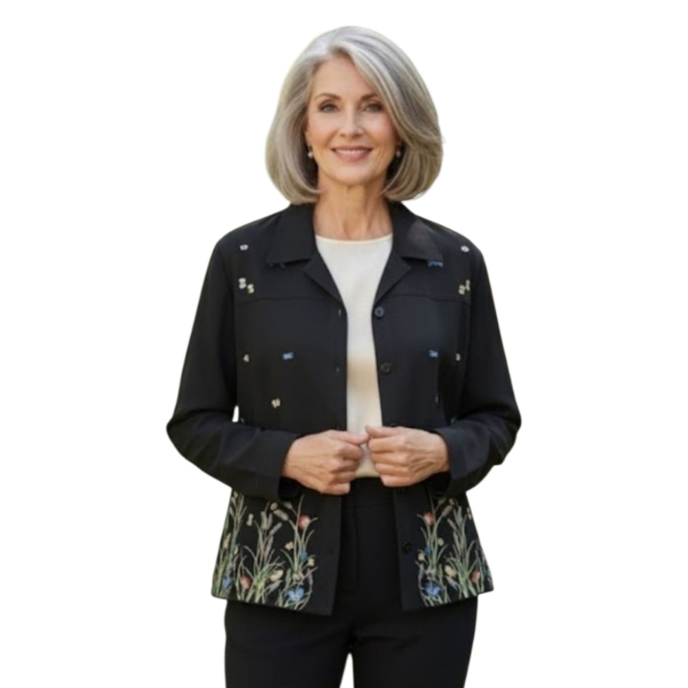 Miss Alliage Collection Embroidered Button-Up Blouse in Black Size‎ 18/XL
